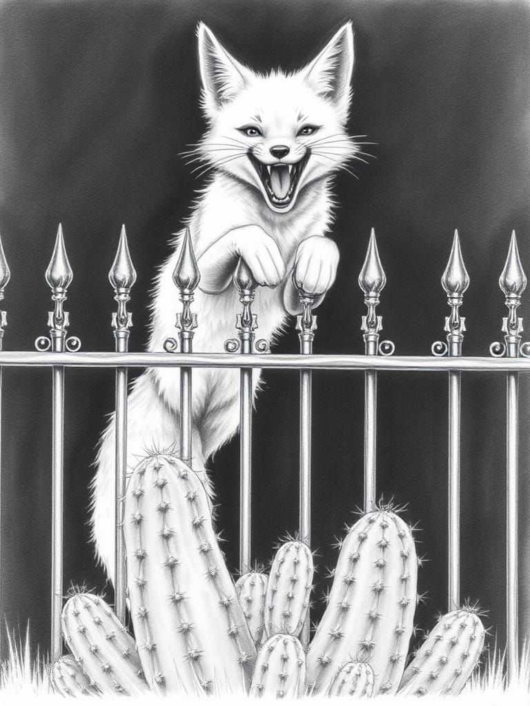 A white fox with sharp teeth climbing over an iron fence, it...