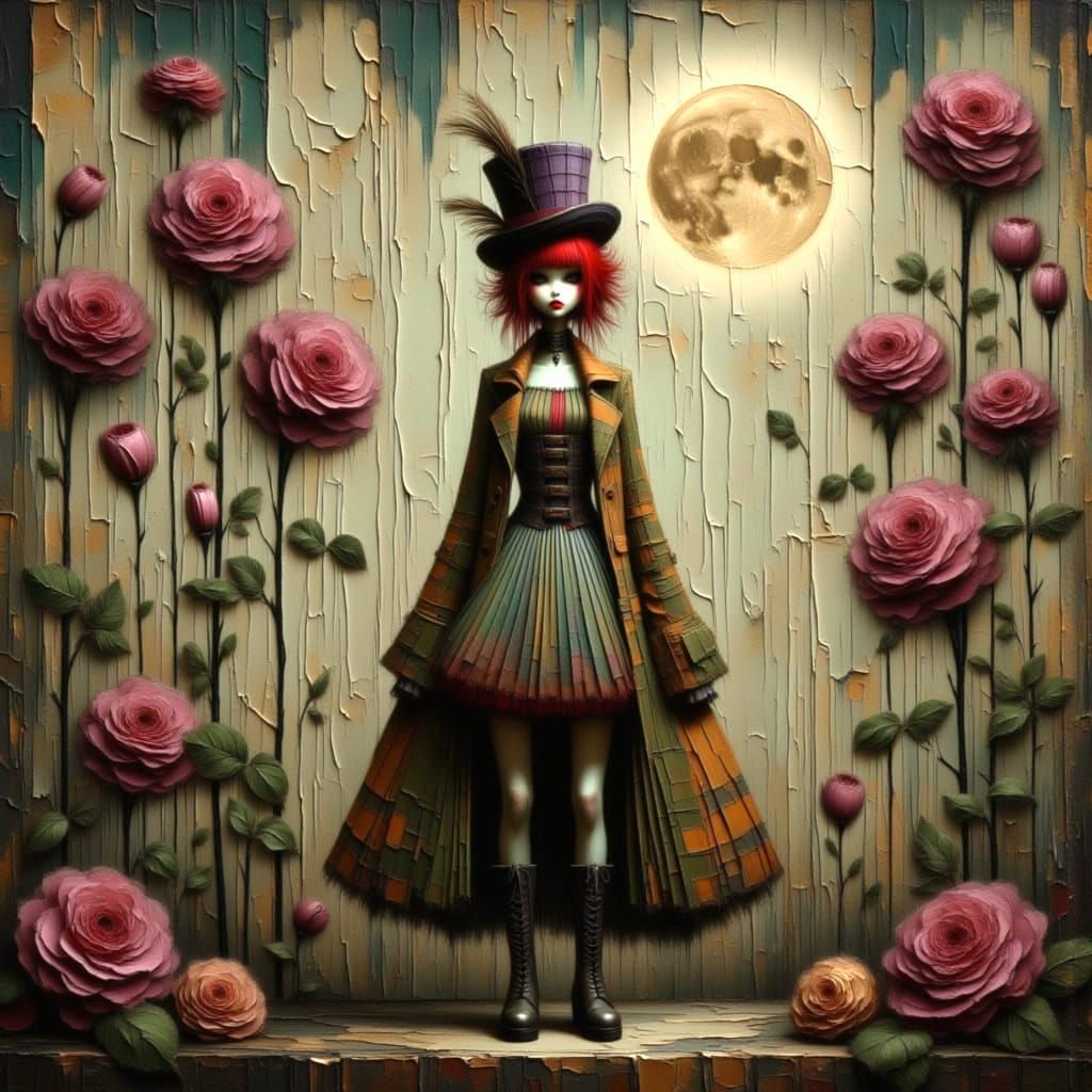 <lora:Goth Grunge Beauty:1.0> <lora:Moonchild:1.0> <lora:Circus Noir:1.0> Acrobatic pose, Full moon, Faded circus tent, abandoned desolate  ...