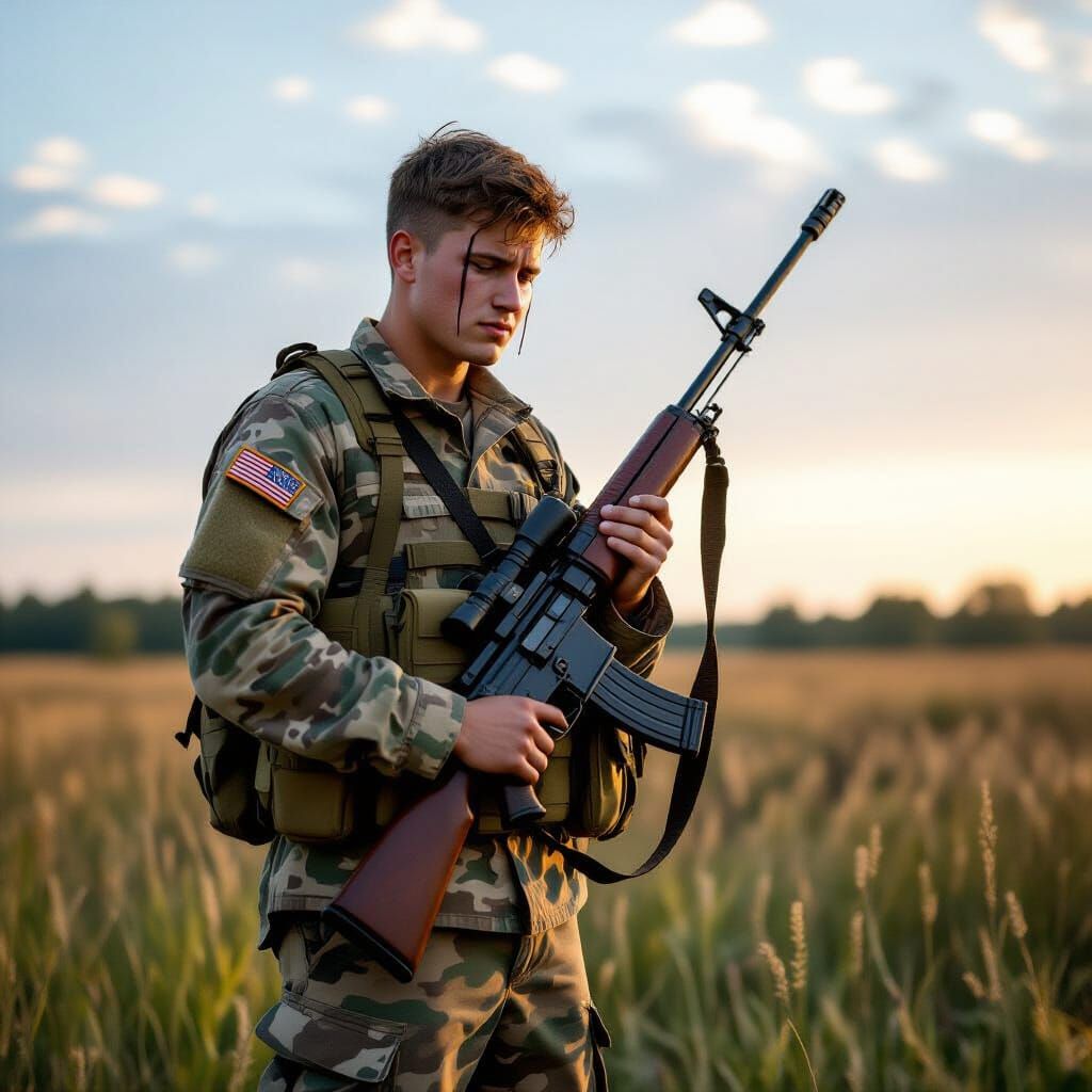 A picture of a poor soldier standing alone in a field with a broken rifle and crying.