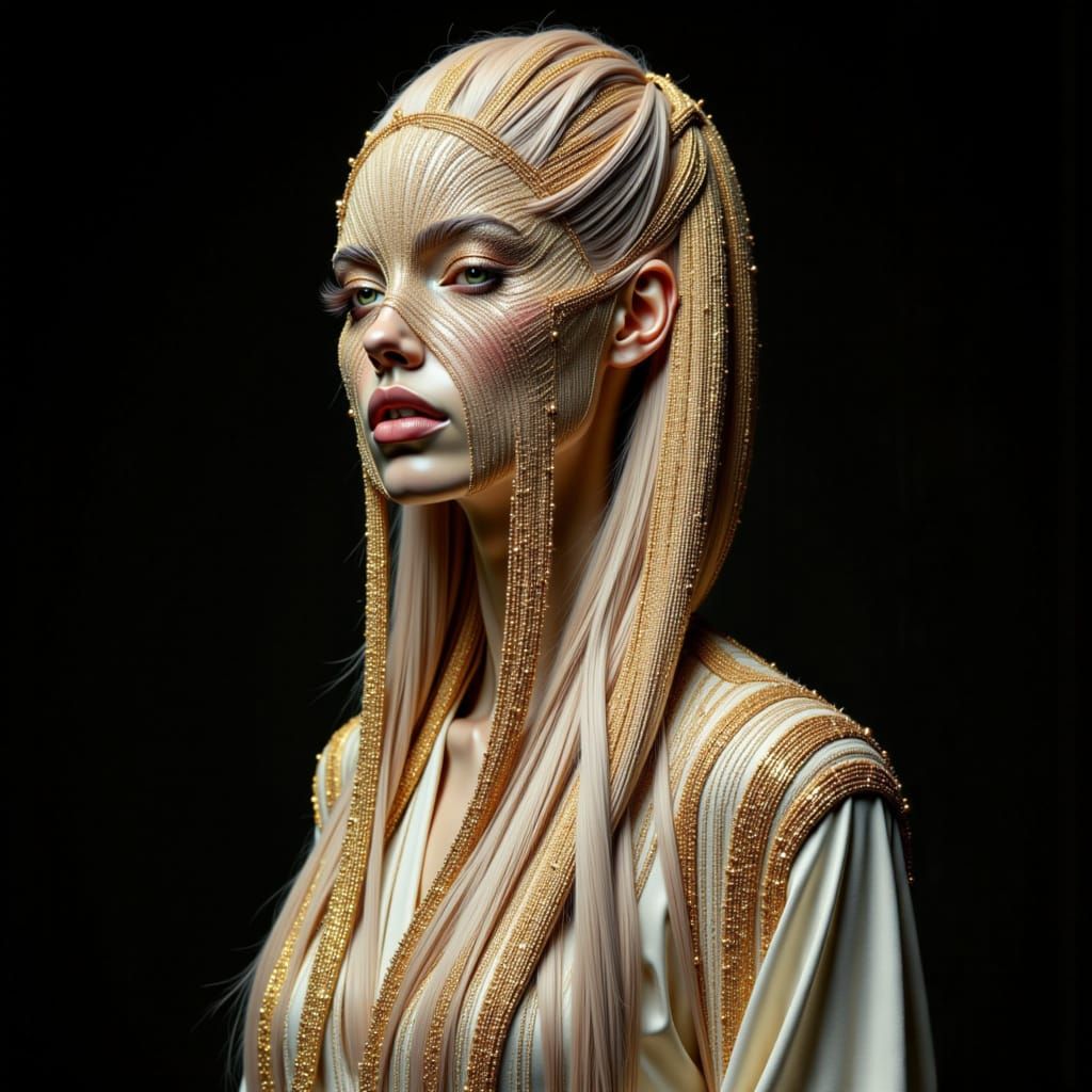 full body editorial photo of a pale-skinned model encased in a surreal sculpture made entirely from cascading hair and sculpted gold jewelry...