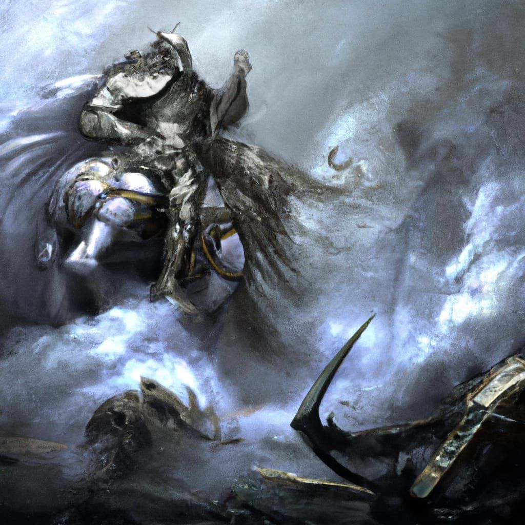 warrior, sword raised, battle ready, armour, dirty, covered ...