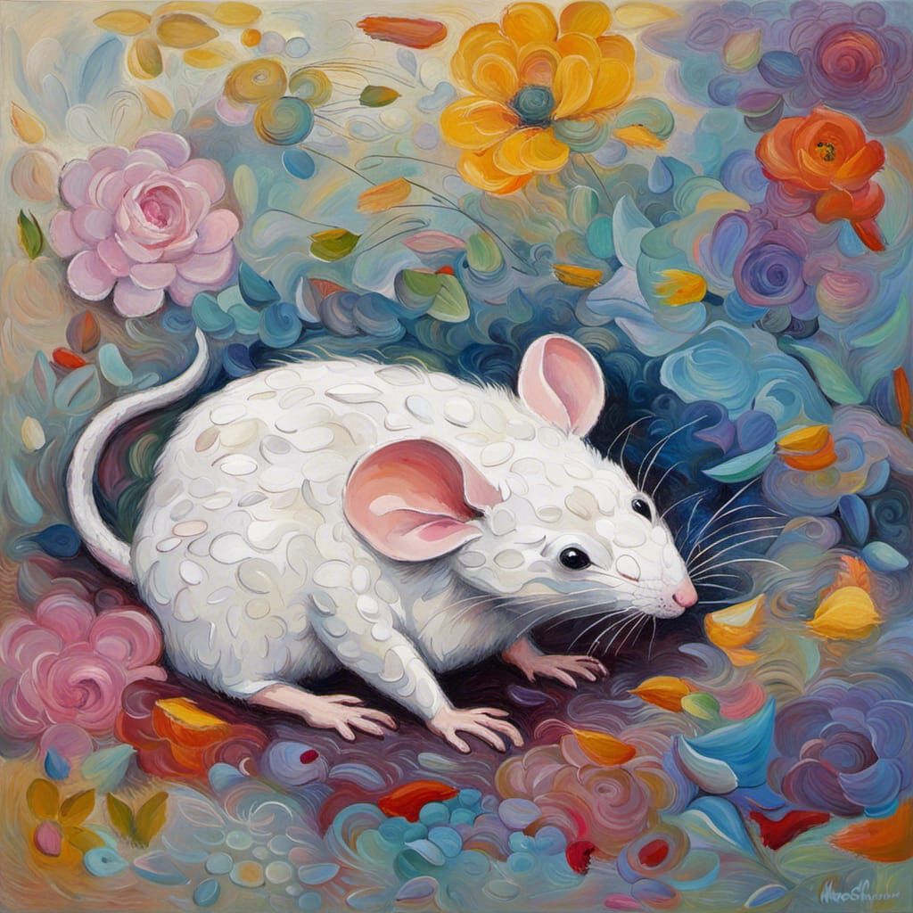 sweet white mouse , "minimalistic colorful flower with a blu...