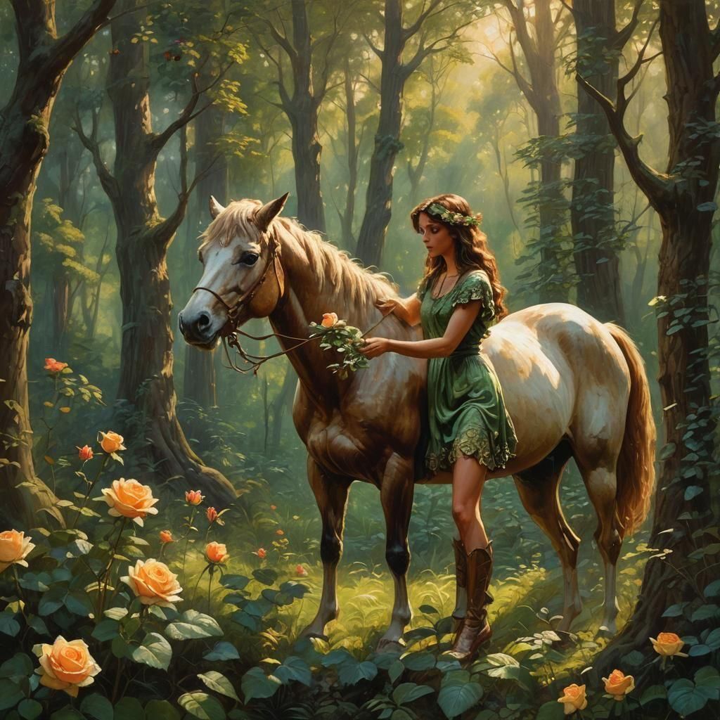 Front Part man and back part horse, A centaur gently smelling a rose
