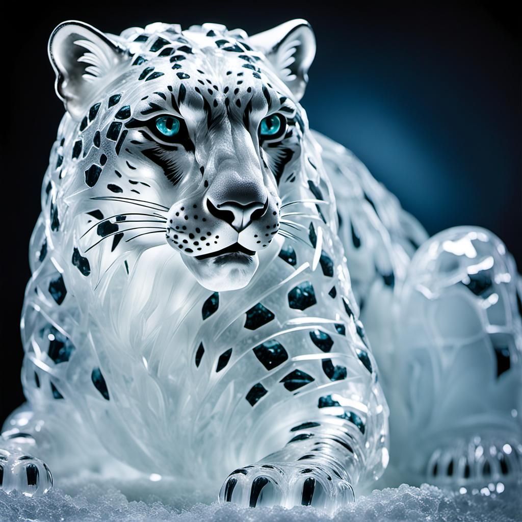 Ice sculpture (with gemstone inlaid) of a snow leopard  by @GAi