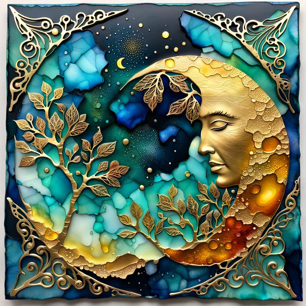 Golden Moon: alcohol ink, filagree  by @g r r c