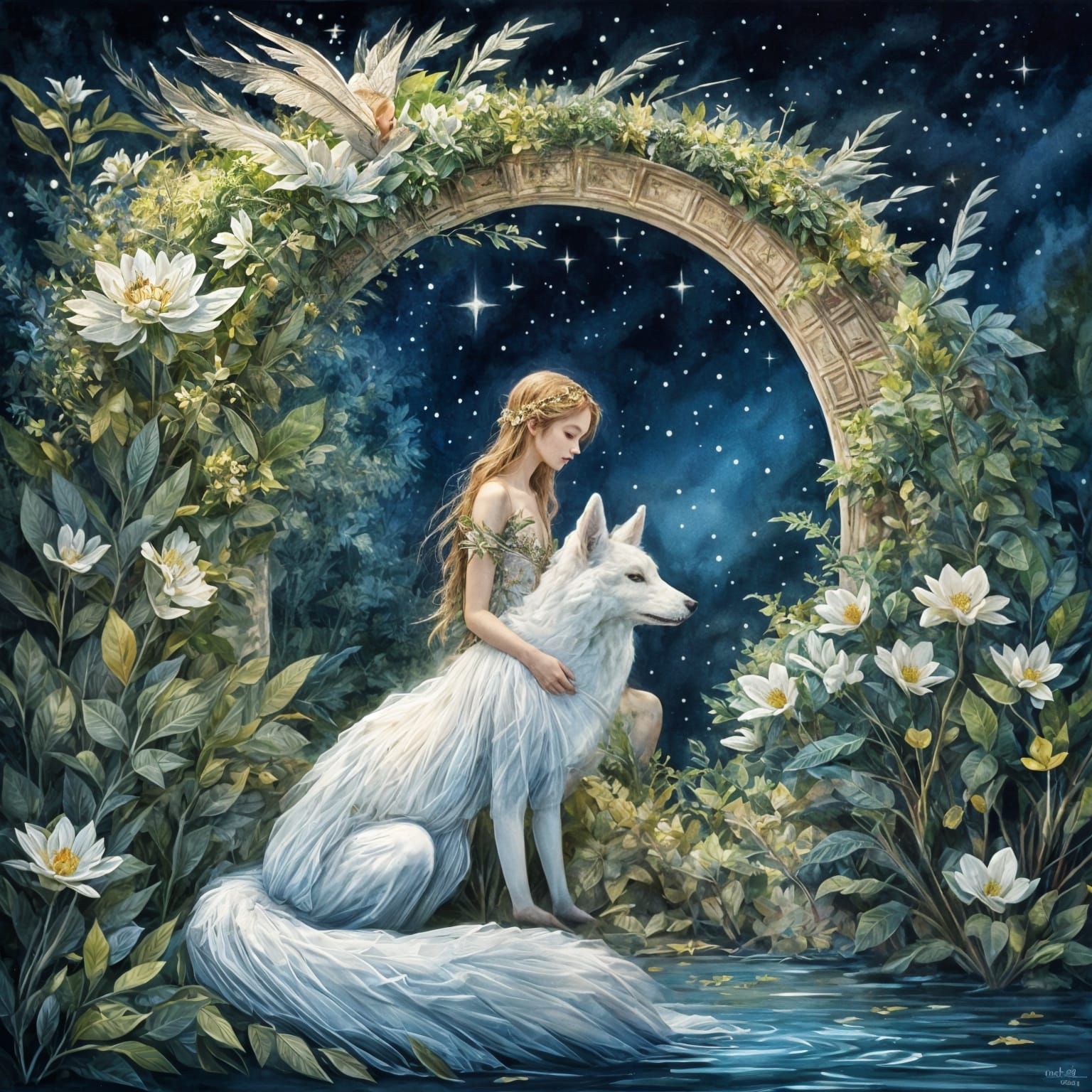 A magical night scene in a fairy tale style. In the center of the composition sits a graceful fairy with ...  by @Likvi
