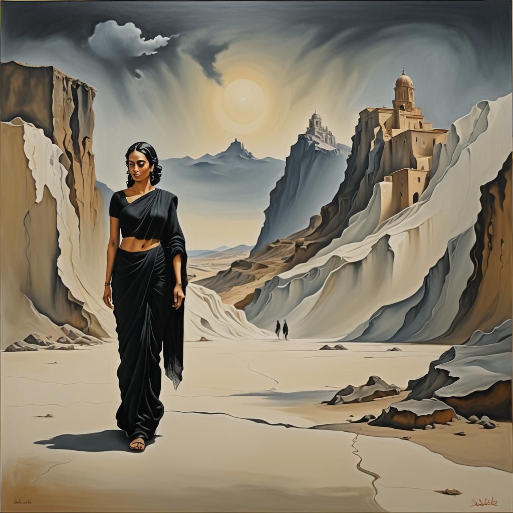 Light daytime girl walking wearing black saree