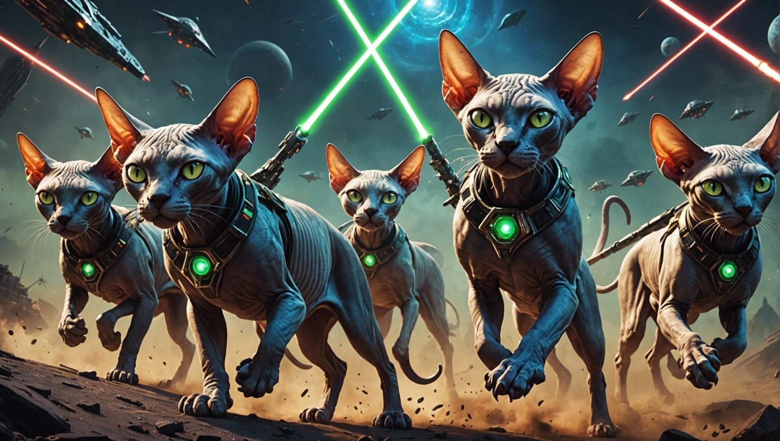 Apocalypse Meow. Sphynx warriors attacking aliens. lasers sh...