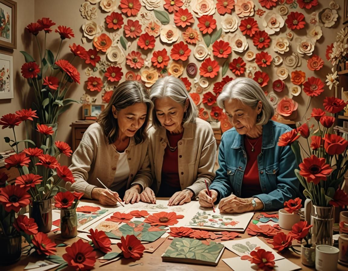 Older, female Friends in a large bedroom scrapbooking a page...
