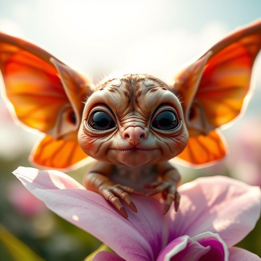 Adorable Baby Gremlin Kissing on Orchid Flower