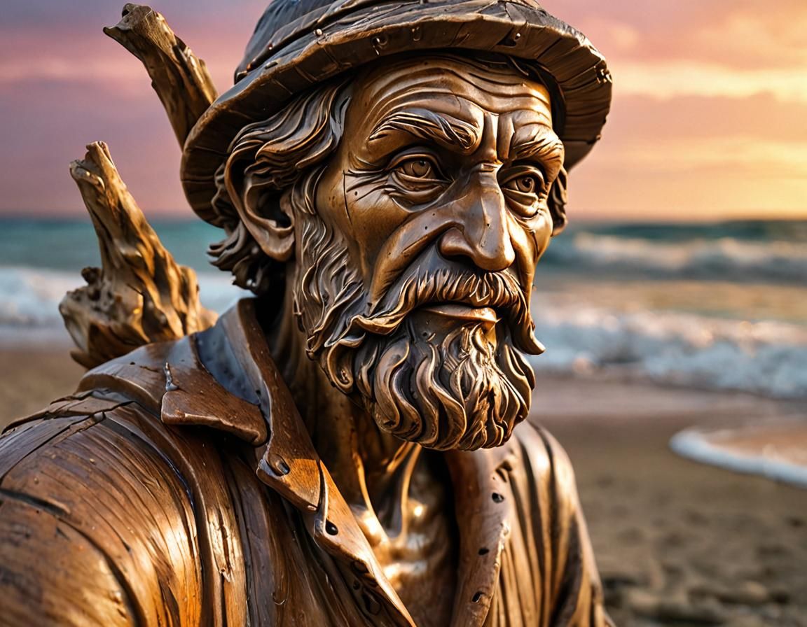 The woden fisherman statue on the beach for those lost at sea