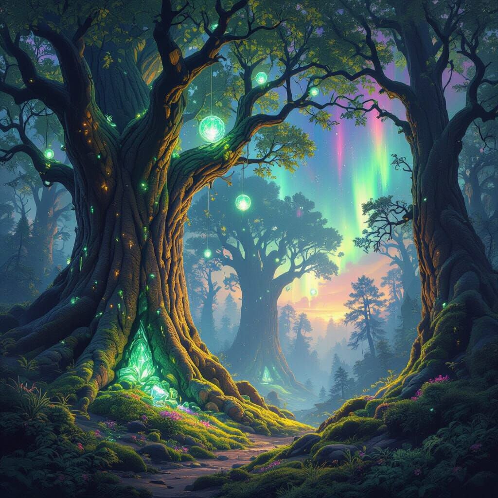 A mystical forest where ancient trees with crystalline bark pulse with faint emerald light, their branches entwined with floating, glowing o...