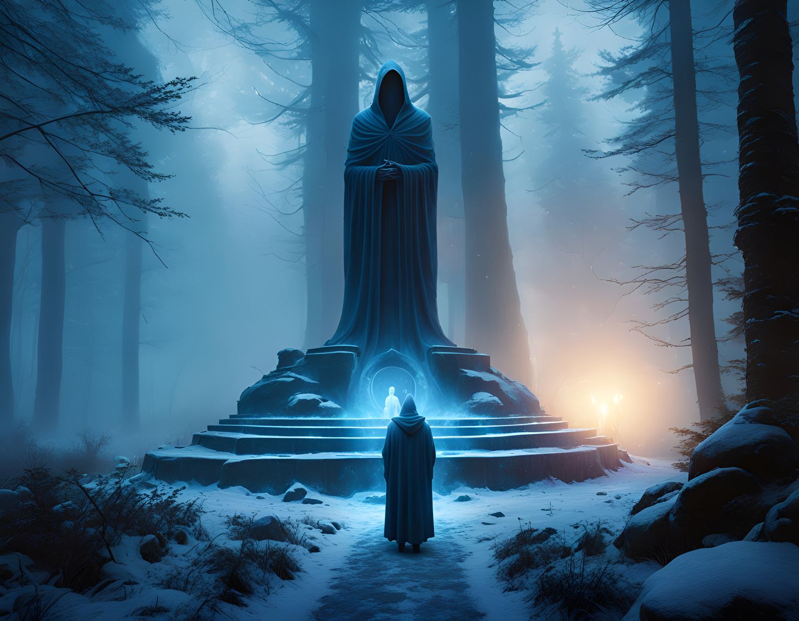 Blue Hooded Figure Praying to Xenomorph God
