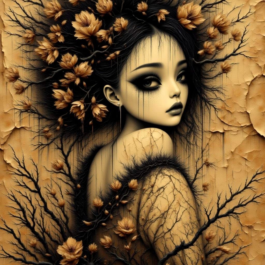 <lora:PetalsGrave:1.0> <lora:Fleur Apparition:1.0> <lora:CRACKLED IN BEAUTY:1.0> <lora:Muted Beauty:1.0> <lora:Moonchild:1.0> Haunting / Got...