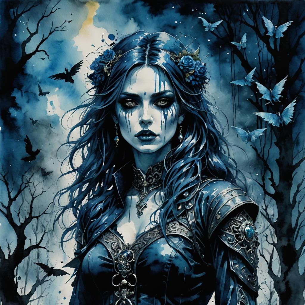 Dark and moody watercolor art, in the style of dark blue and...
