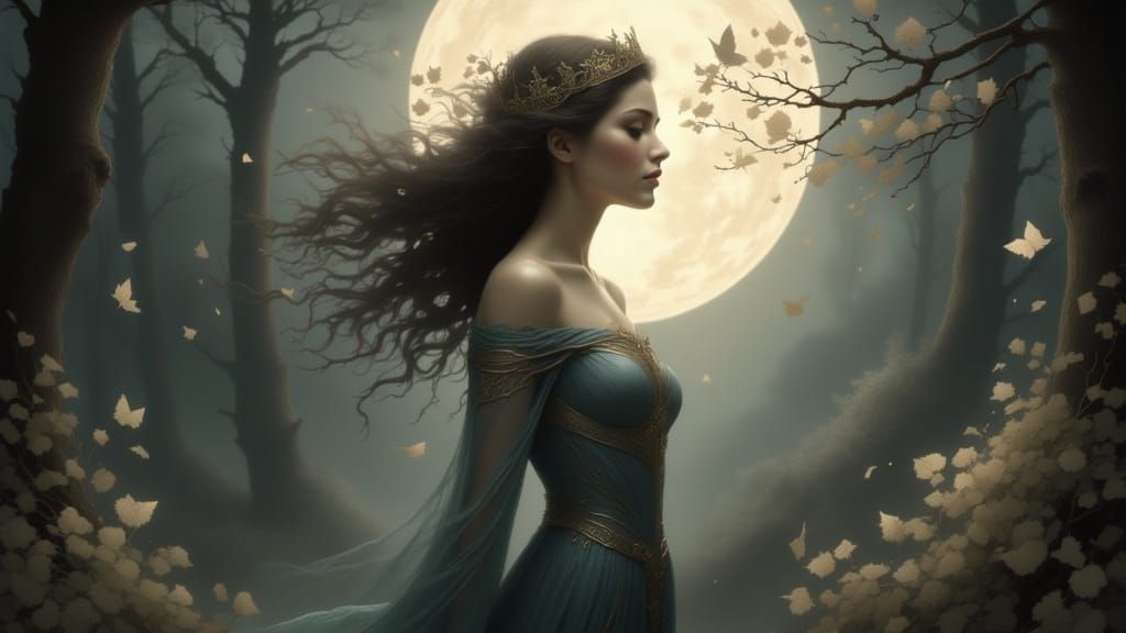 Telsora's grace, under silver glow
A guardian's love, making the world grow
Her gaze is distant, yet her heart's resolve
To guard her Star,...