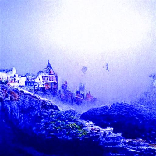 Misty costal town cliff side view with waves crashing strong...