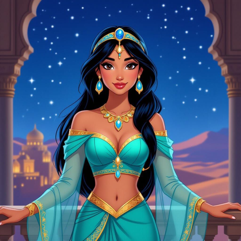 Jasmine-Inspired Princess on Palace Balcony at Night