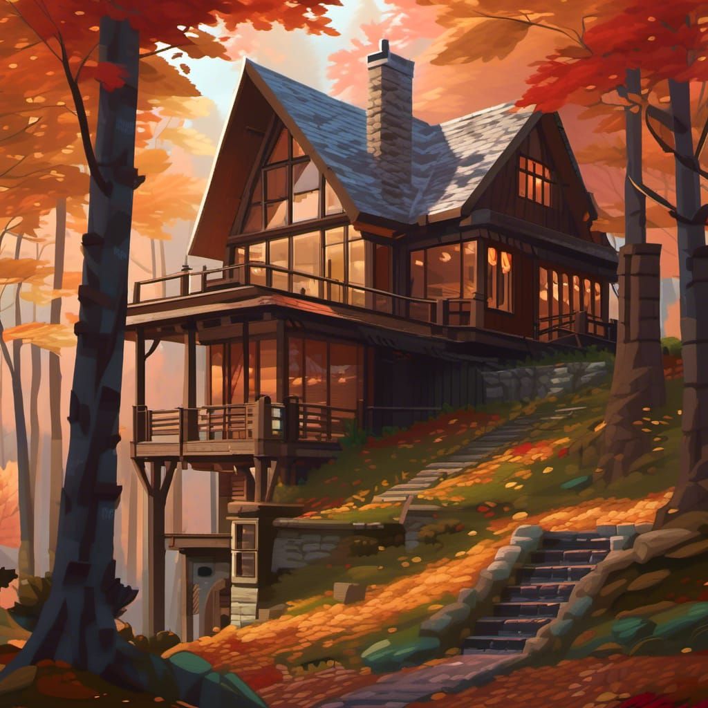 a house in the woods surrounded by fall leaves, nestled in a...