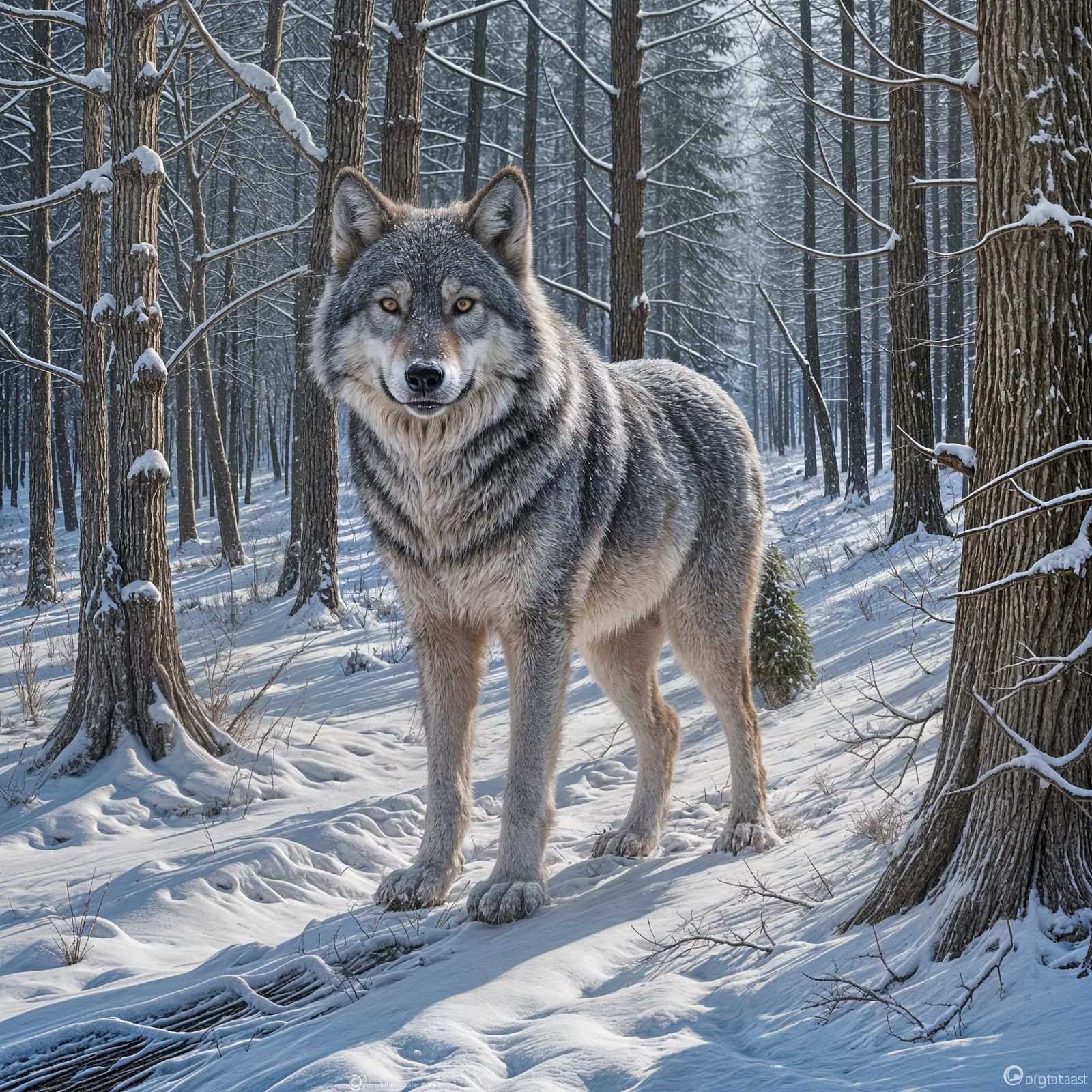 Majestic Wolf in Winter Forest: Impasto Oil Painting