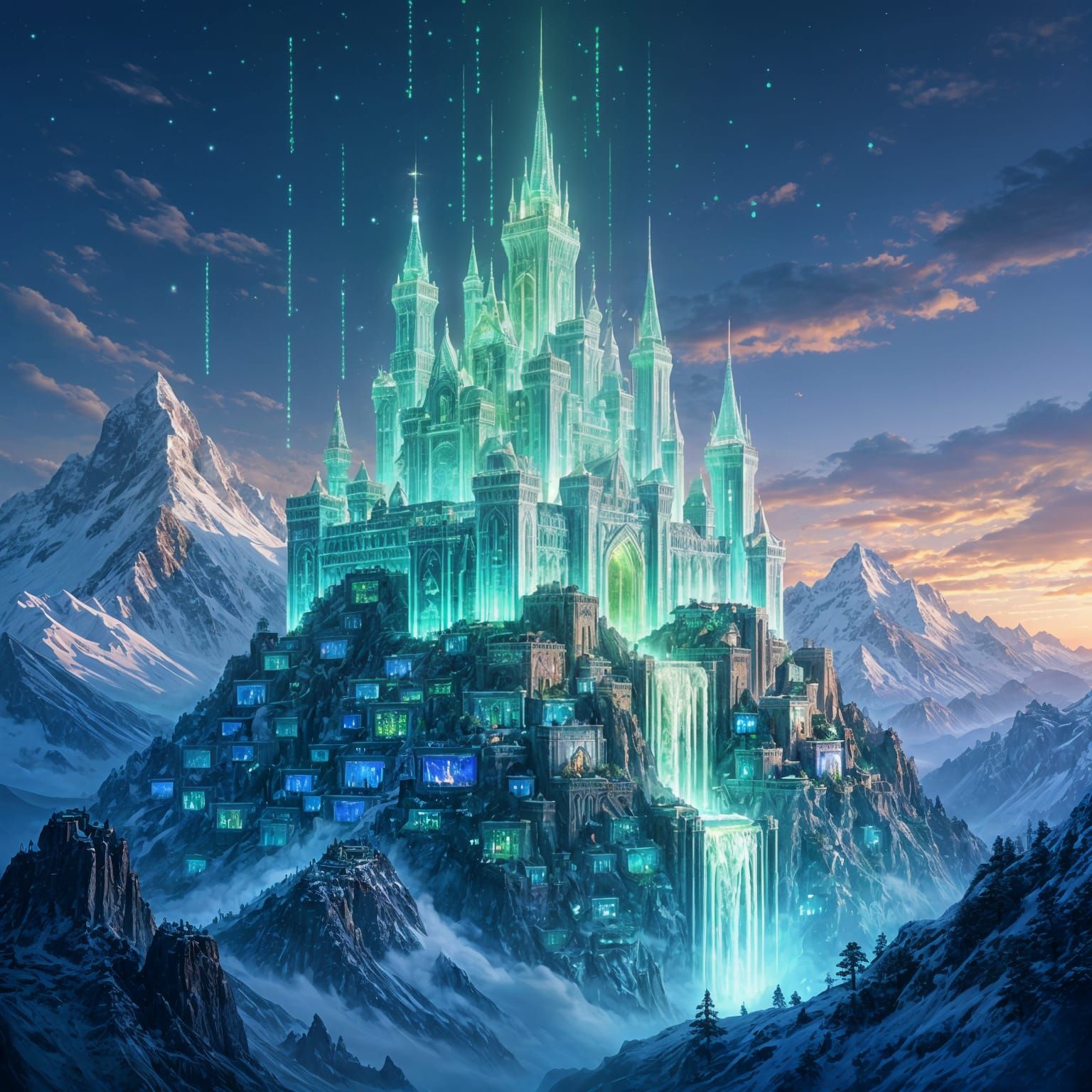 Masterpiece Monday. Anime art style. A breathtakingly detailed mechanical castle, its spires reaching into a swirling cosmic sky filled with...