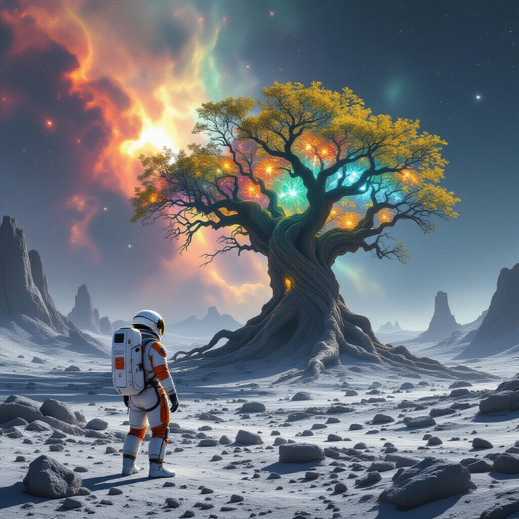 An astronaut stands on a desolate alien planet, gazing at a colossal, ancient tree that seems to grow from the very fabric of a swirling neb...