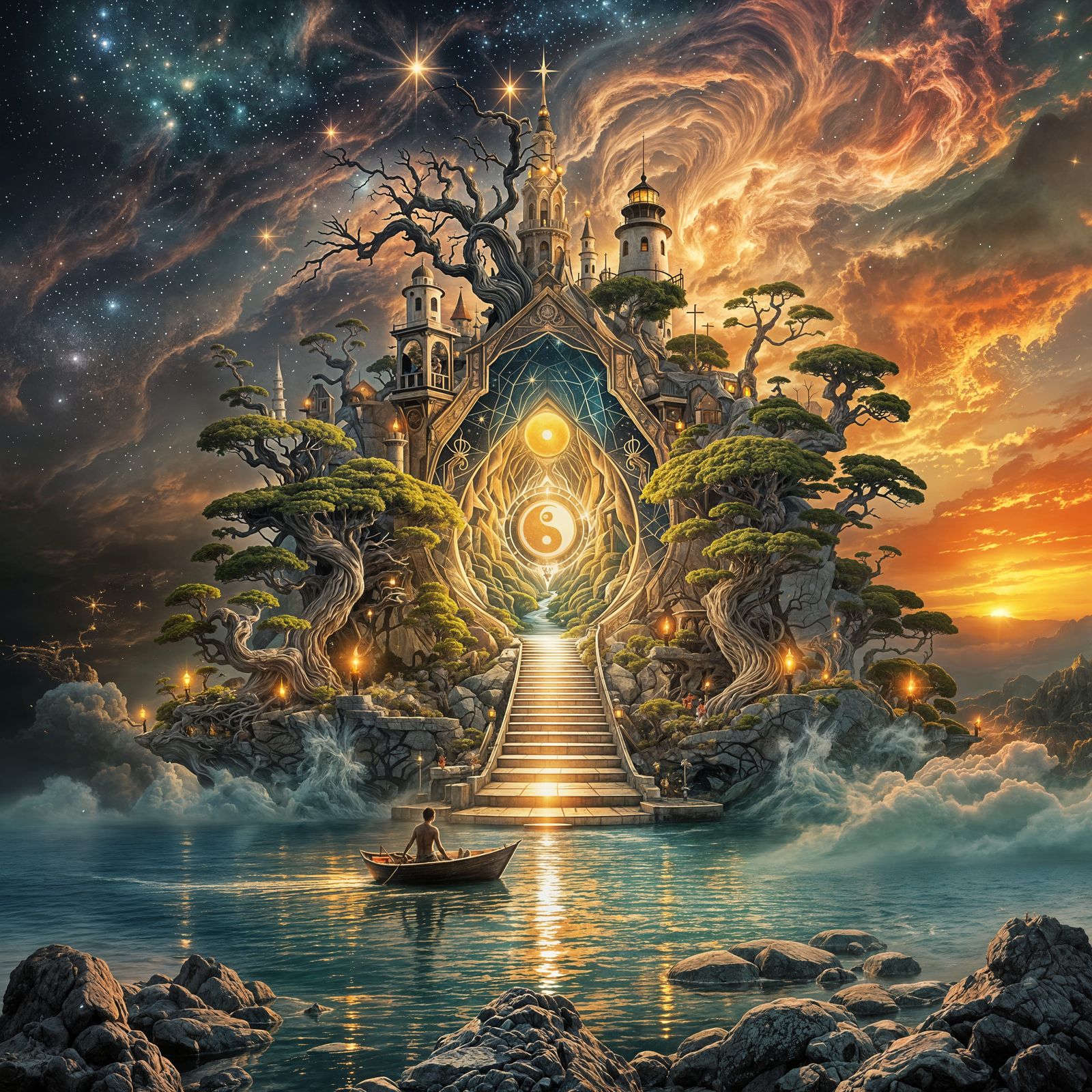 Ethereal Surreal Scene within Ancient MC Escher Cloudscape