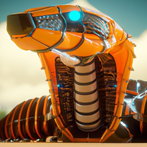 Orange king Cobra, with dog muzzle on its face intricate mec...
