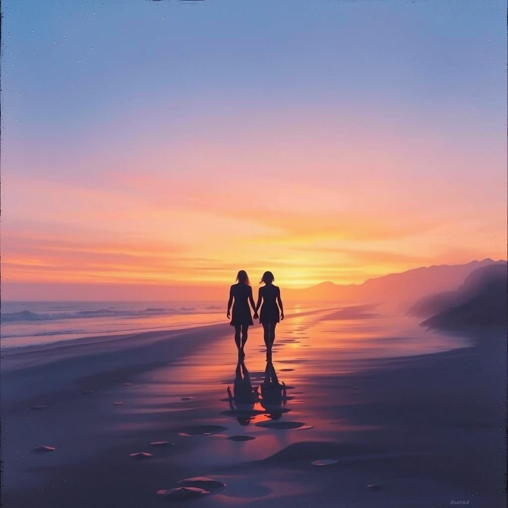 Dusk's Embrace: Couple Walks Barefoot on Sand