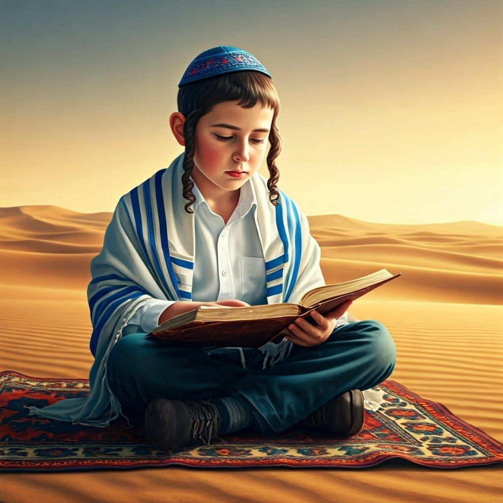 A Young Boy Studies Torah in a Desert Oasis
