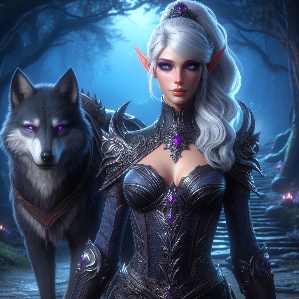 Dark elf maiden with her wolf 🐺