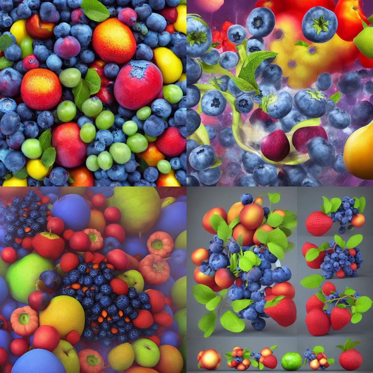 a big blueberry shaped like a bomb exploding into various fruits. 3D ...