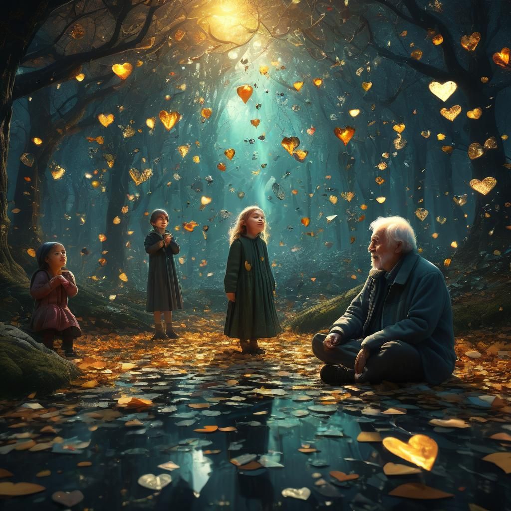 Surreal Forest Scene with Weeping Figures and Angels