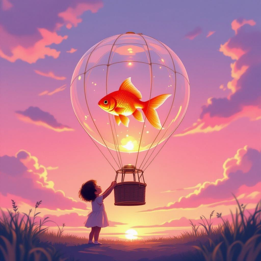 Child Holds Hot Air Balloon With Goldfish, Pink Sunset