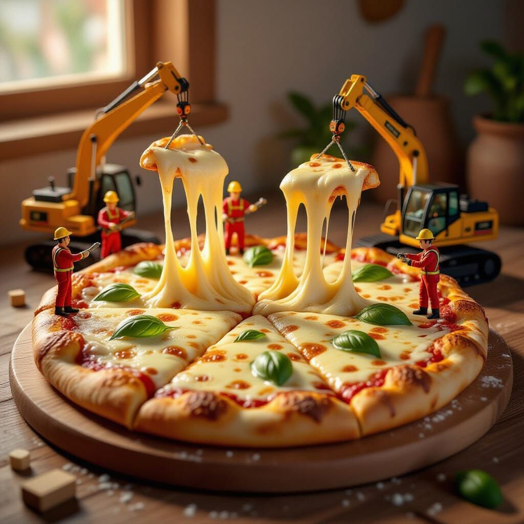 Giant Pizza Construction Crew in Atmospheric Style