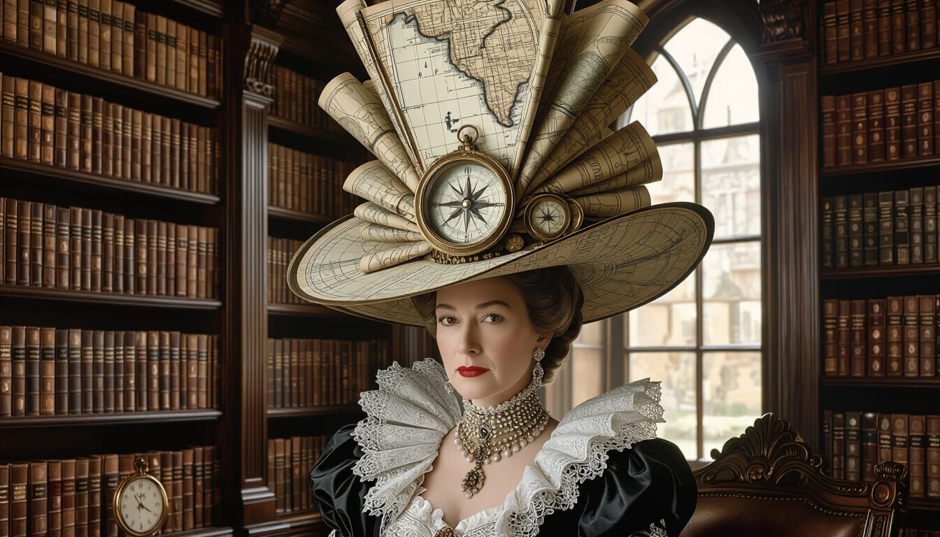 Regal Queen in Map Hat in Antique Library