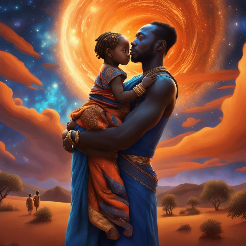 A beautiful lady, with a dark skin from Senegal my hometown.
She has her child held, and behind her the husband holding both of them.
And be...