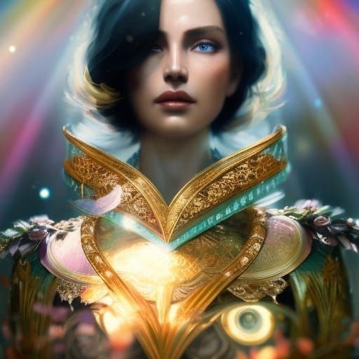 rays of rainbow light surround her