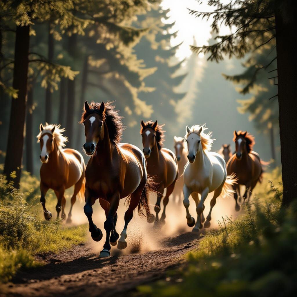 Galloping Horses Transform in Forest, Professional Photograp...