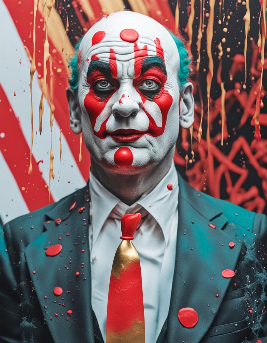 A Black and White Image of a sad clown with splashes of red ...