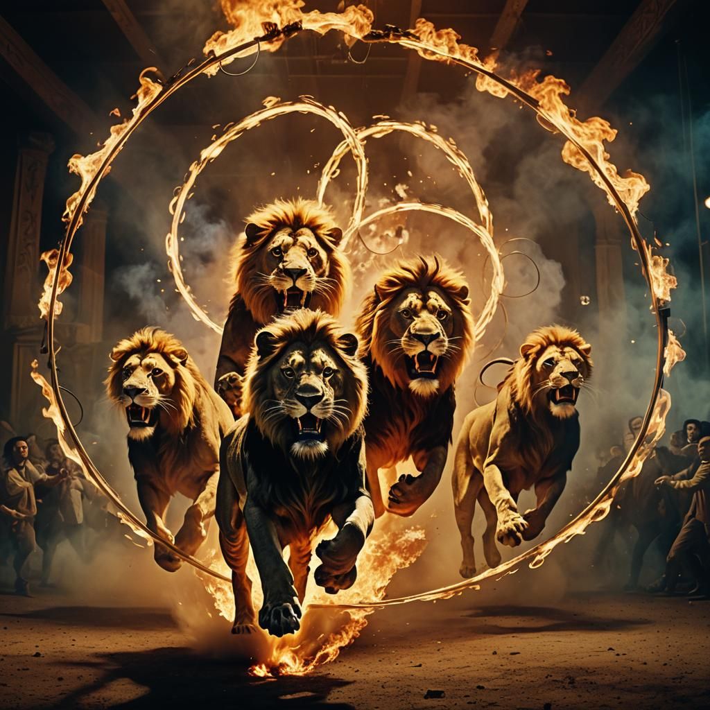 Lions Leap Through Flaming Hoops in Fauvist Circus