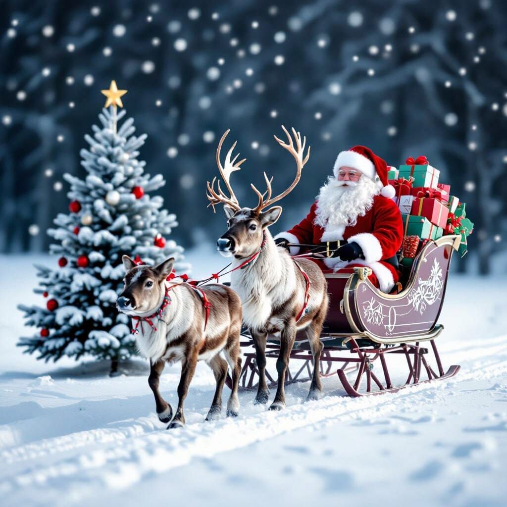 Santa's Reindeer Sleigh Gallops on the Sea with Gifts