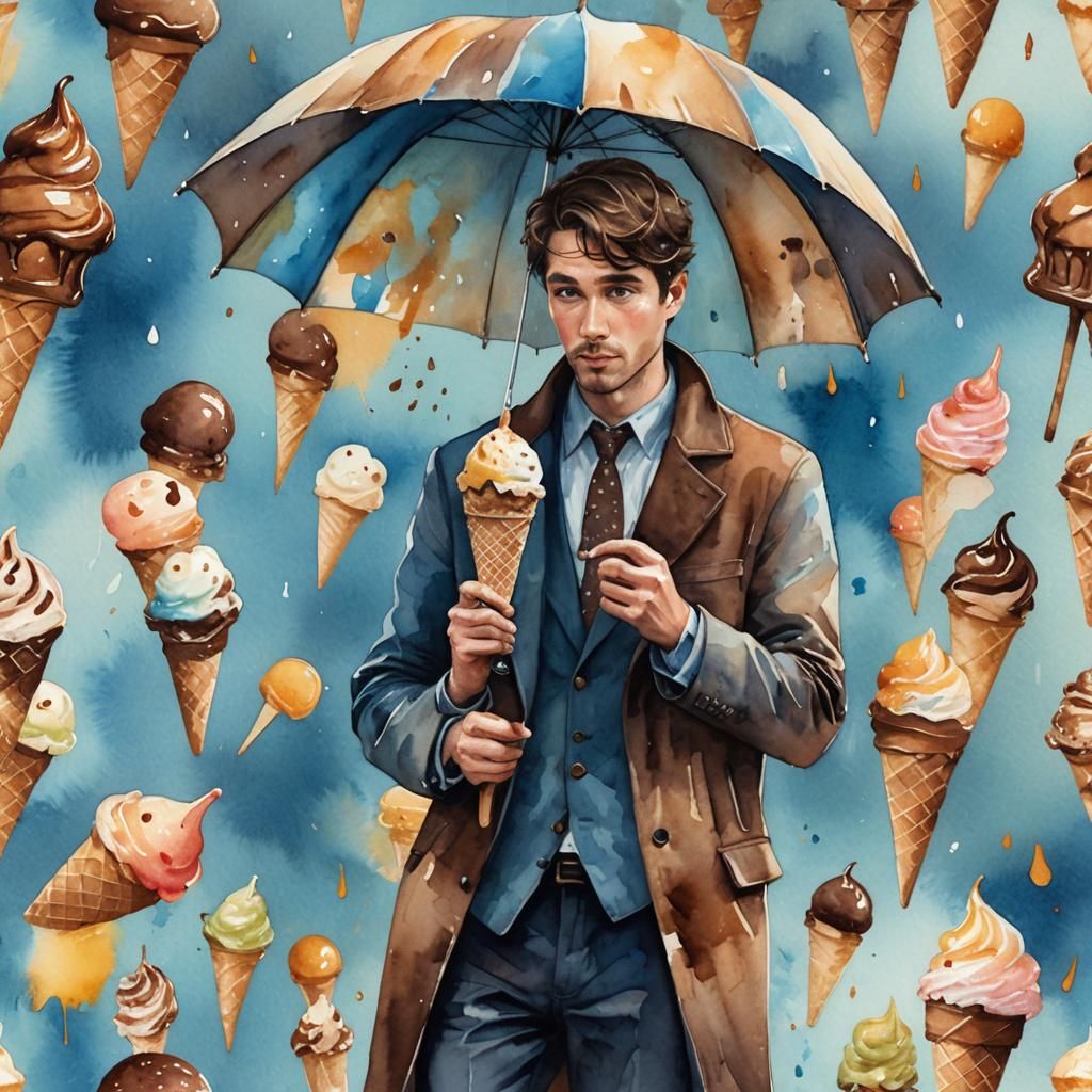 Man Eating Ice Cream: Watercolor Fantasy Illustration