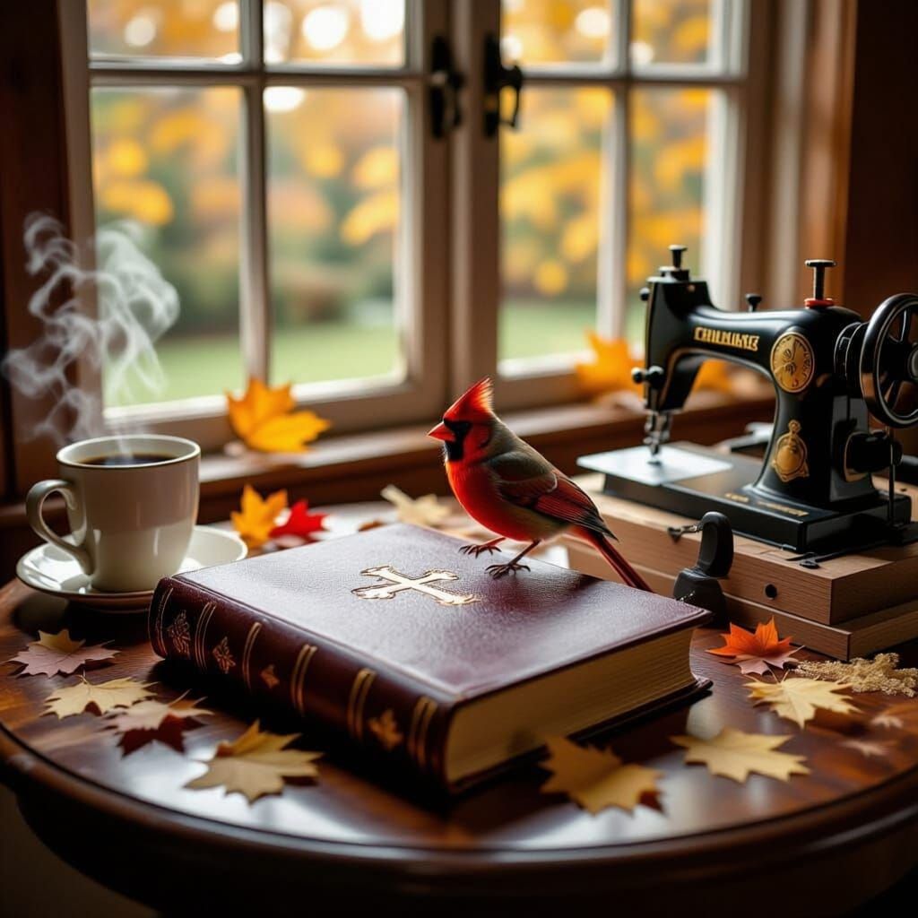Cardinal on Leather Book with Autumn Leaves