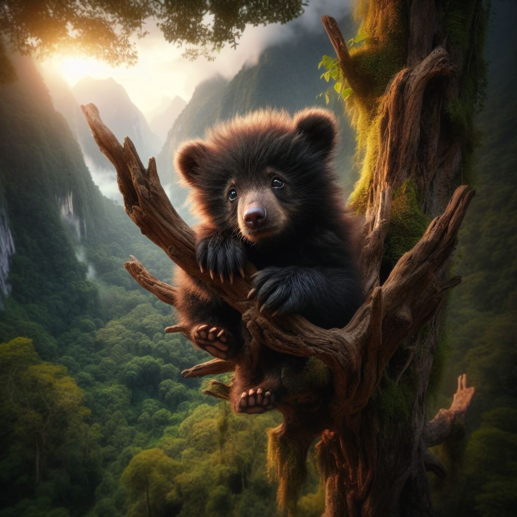 Asiatic Black bear cub stuck in a tree