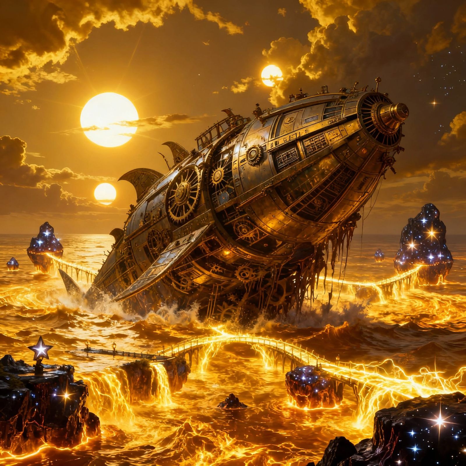 Clockwork Leviathan Emerges From Molten Gold Sea