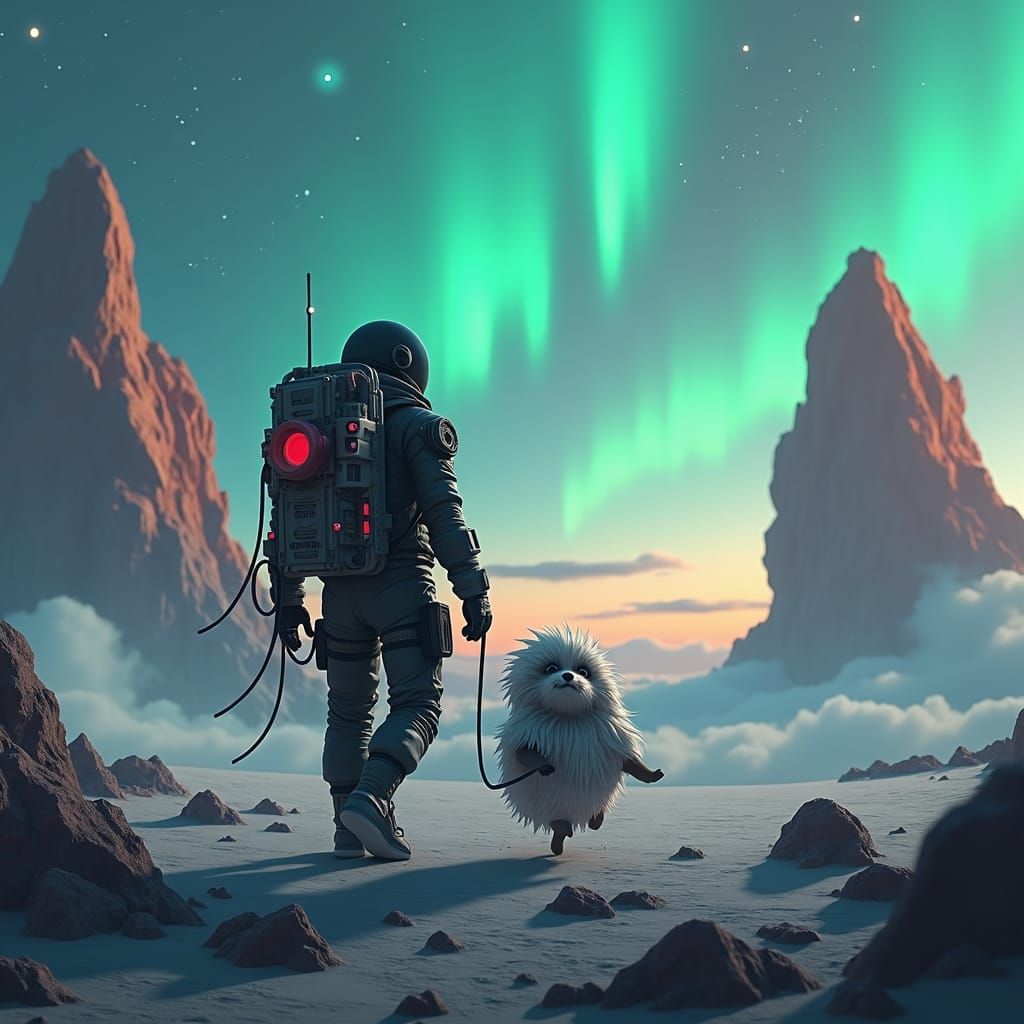 Astronaut and Dog in Space, Vibrant 3D Anime Art