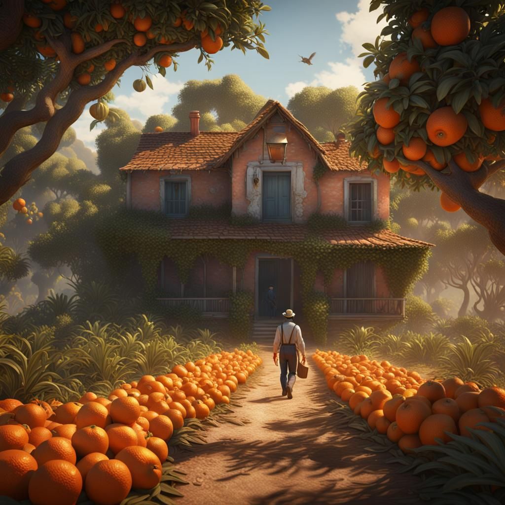 farmer walking towards a farmhouse through a florida orange ...