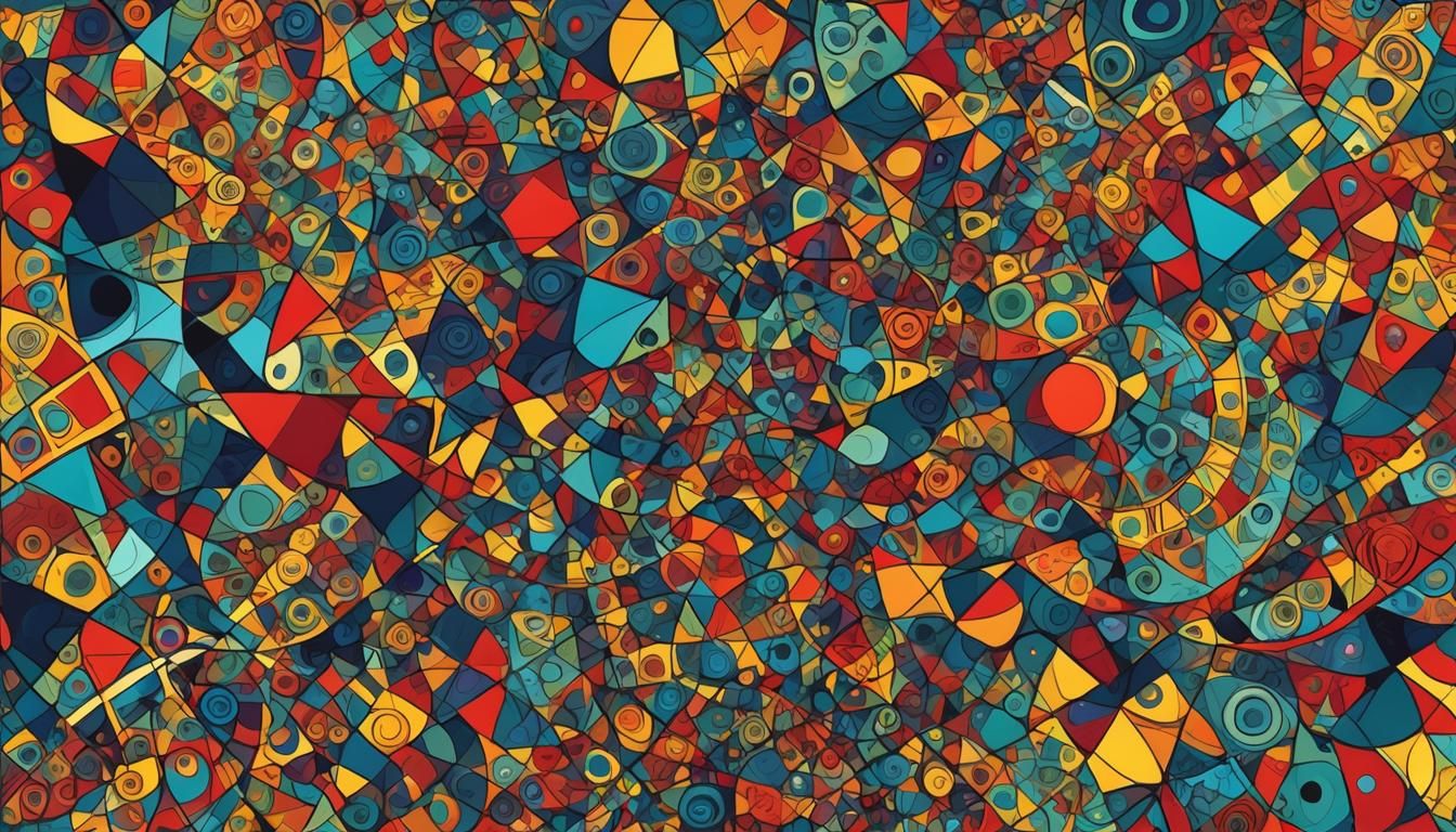 An abstract acrylic painting of overlapping geometric shapes...