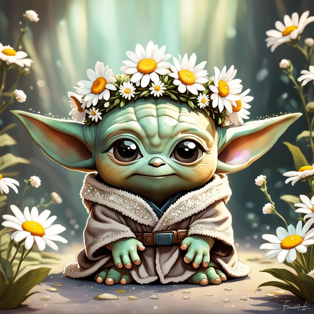 An adorable chibi portrait of Baby Yoda, brimming with joy, is adorned with a charming flower crown.  by @Phantazia
